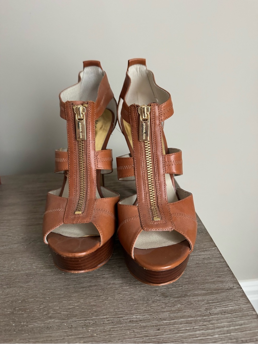 Michael Kors Cognac Leather Zip-Front Platform Sandals Size 8.5